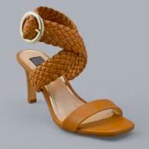 WHBM woven heeled sandals in brown; size 7.5. Heel is about 2 inches